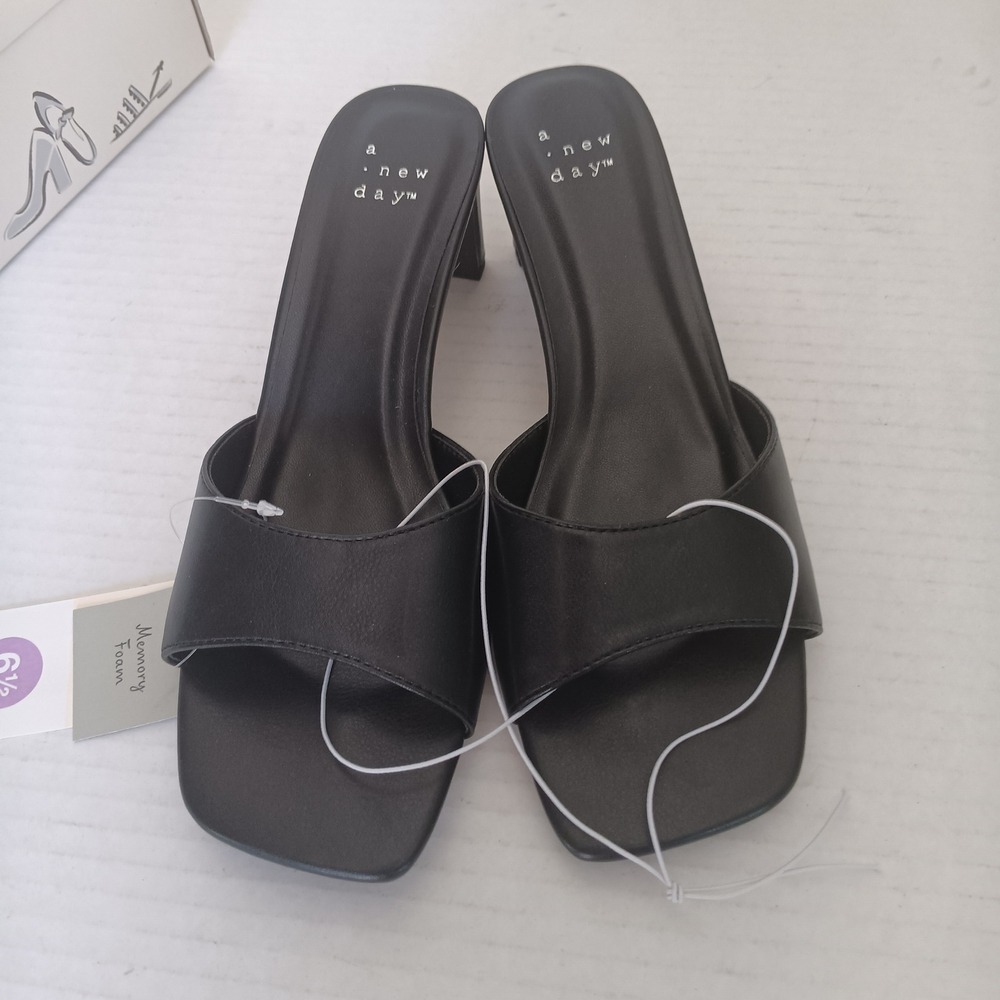 A New Day Lindie Heels Women 6.5 Black Square Toe Block Heel Memory Foam Mules - Picture 2 of 7